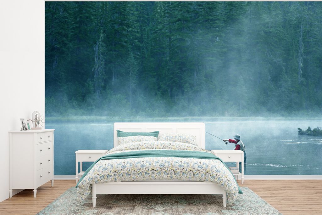 MuchoWow Fototapete für Wohnzimmer oder Schlafzimmer Wandtapete Vinyl Motivtapete Fischer - Wasser - Nebel - 400x300 cm - Papiertapeten