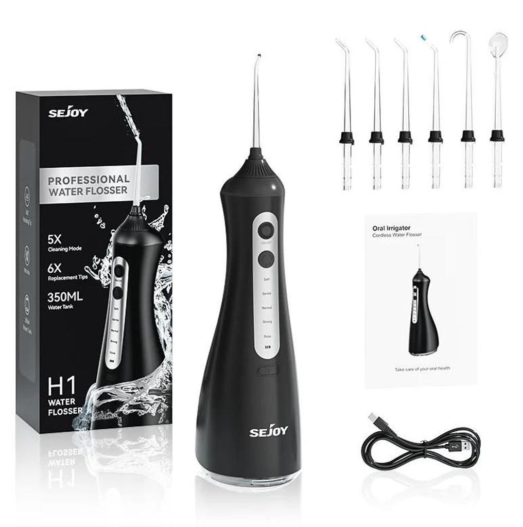 Munddusche - Tragbarer Wasserflosser - Kabellos - Wassertank 350 ml - 6 Modi - IPX7 wasserdicht - 1000 mAh Akku - Set mit 5 Aufsätzen - Schwarz