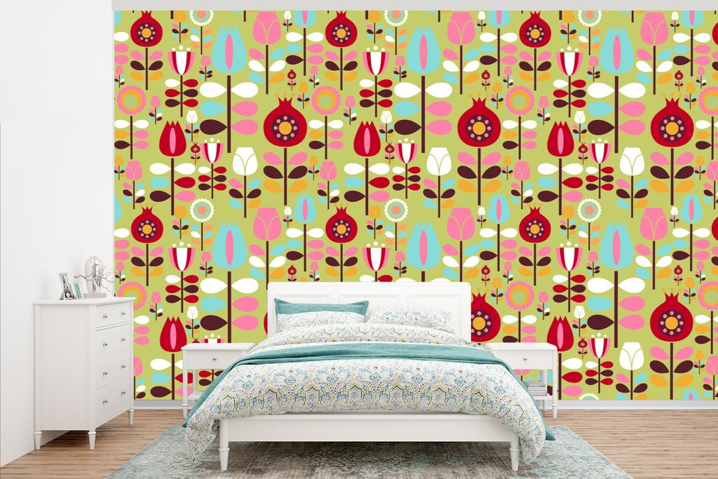 MuchoWow Fototapete für Wohnzimmer oder Schlafzimmer Wandtapete Vinyl Motivtapete Muster - Blumen - Farben - 375x240 cm - Wand Tapete