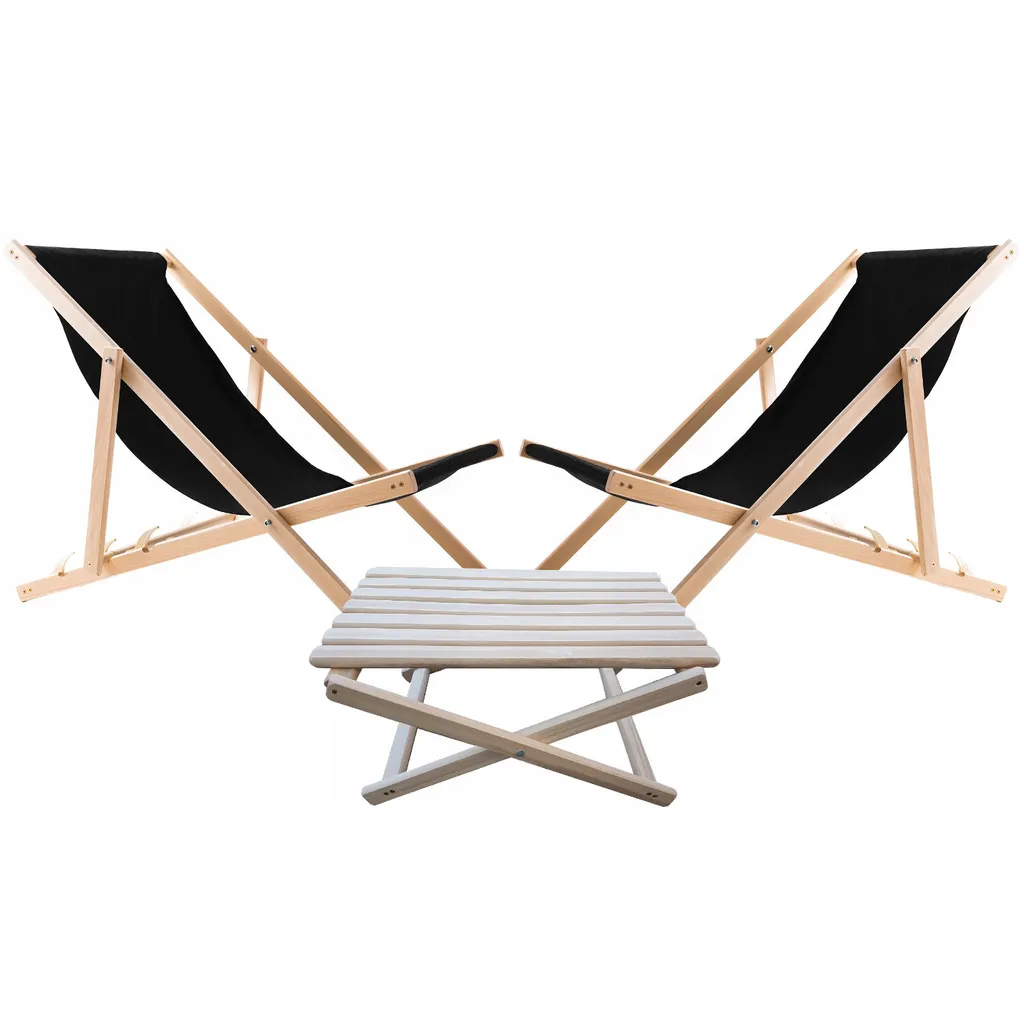 Set di 2x sedie reclinabili nere con tavolino in legno