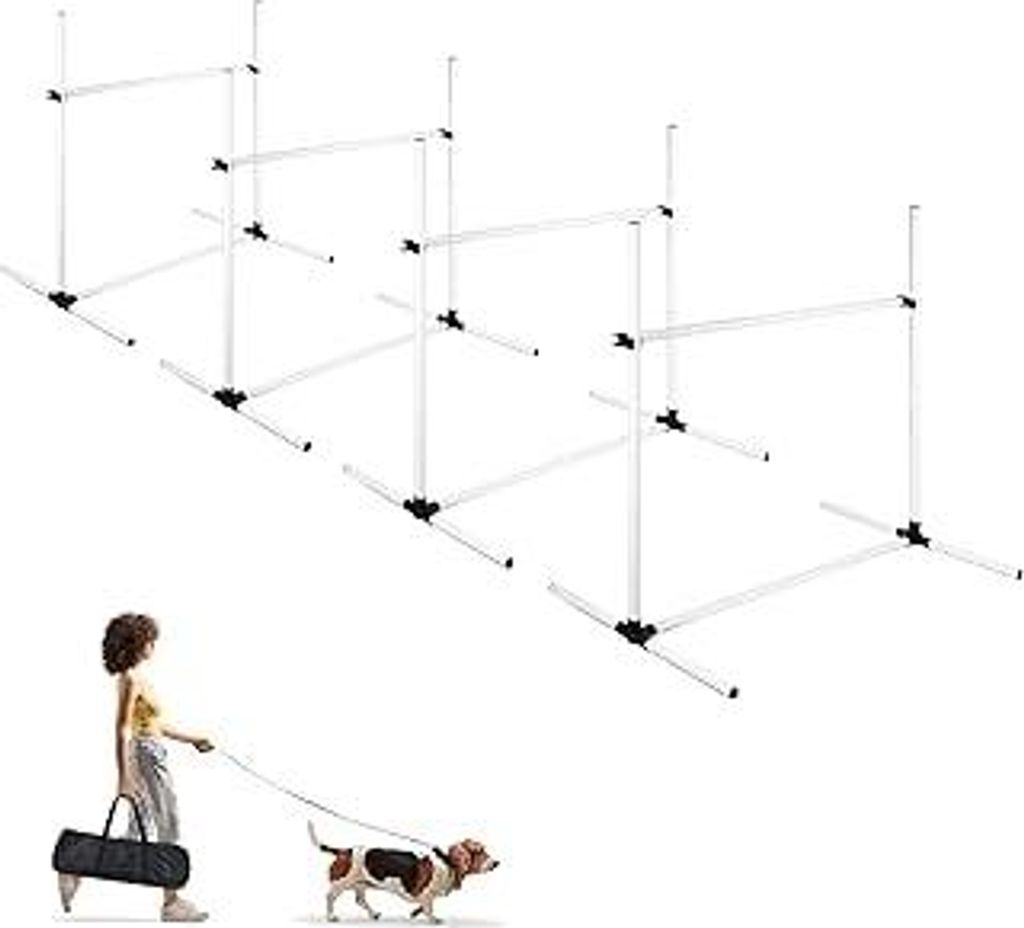 UISEBRT Hunde Set, 4er Slalom Stangen Hürdenset für Haustiere, PVC Hundetrainings-Set mit Tragetasche, Höheinstellbar 104x70x101cm, Weiß