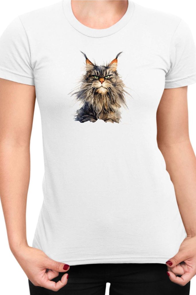 Damen T-Shirt Funny Cats Breeds Maine Coon Cat 023, Lady S / Weiß