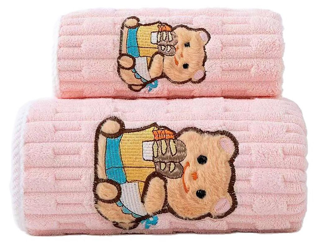 2-teiliges Handtuchset mit Bärenmotiv, bestickt, aus Korallenvlies, schnelltrocknend, ideal für Bad, Bad, Reisen und Strandurlaub.