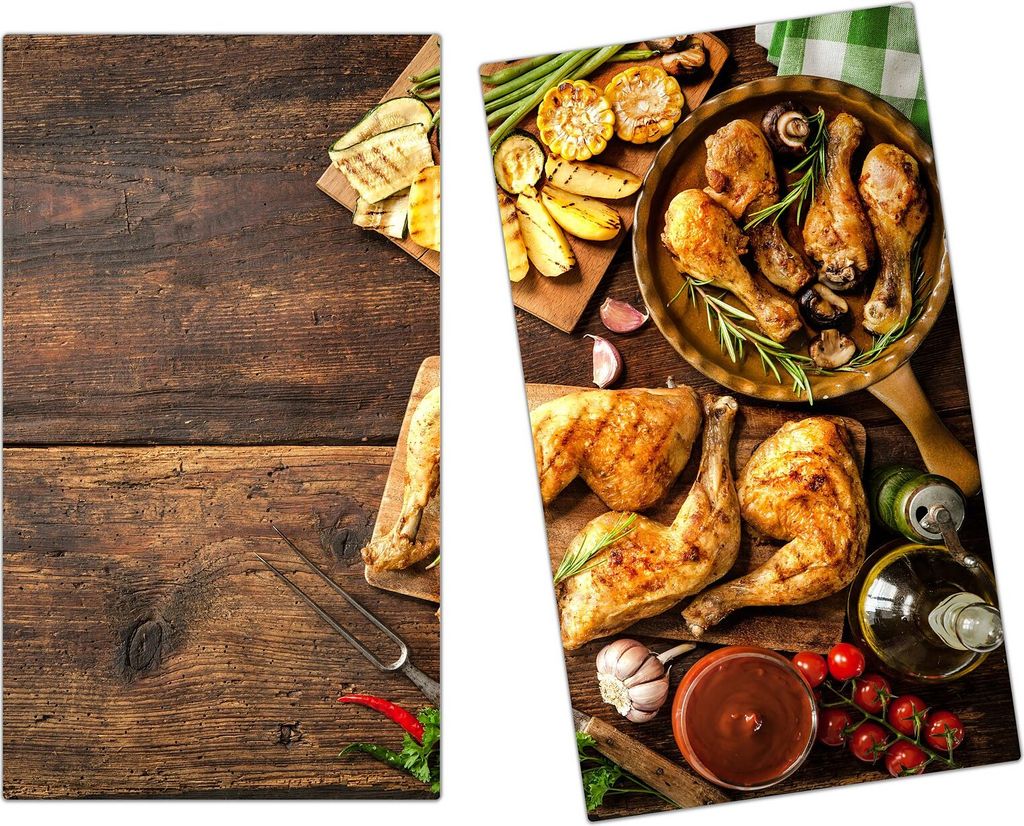 Spritzschutz Herdabdeckplatte Schneidebrett aus Glas Gegrillte Hähnchenschenkel 2-Teilig (60x52cm)