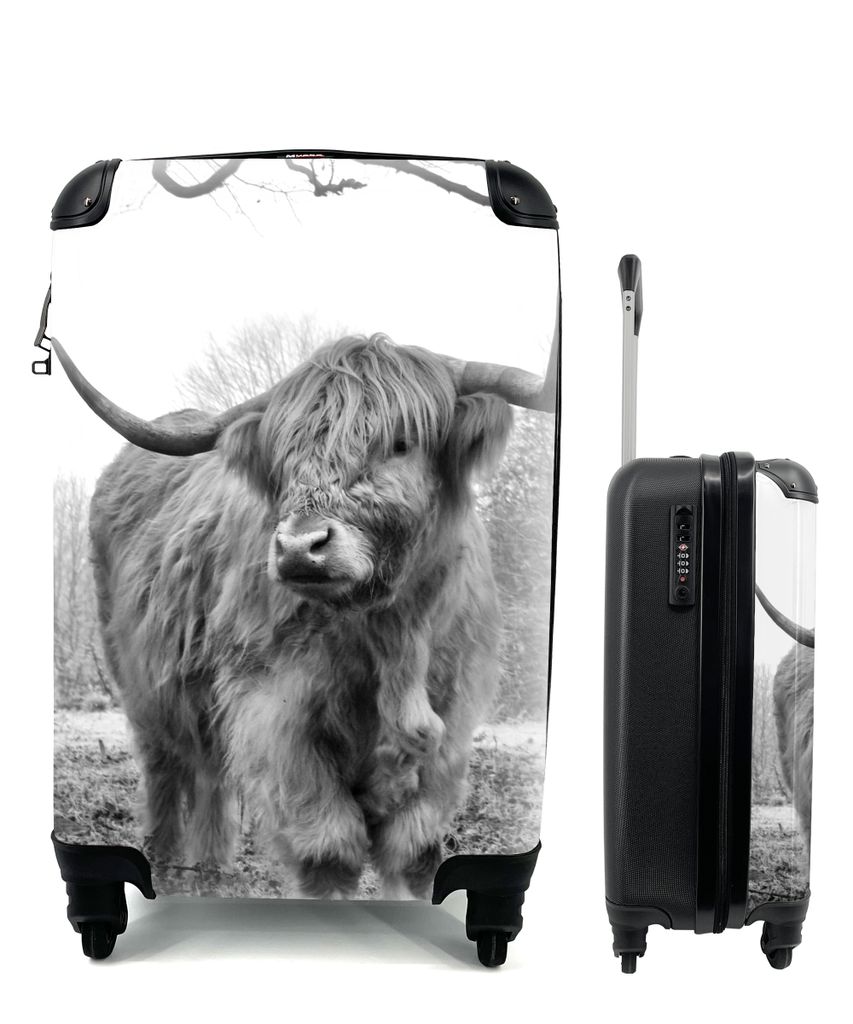 MuchoWow Koffer Handgepäck Trolley Rollkoffer Kleine Reisekoffer mit 4 Rollen - Schottischer Highlander - Wald - Nebel - Kuh - Tiere - Natur - C...