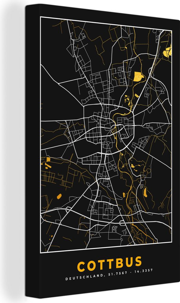 OneMillionCanvasses - Leinwandbilder - 90x140 cm, Cottbus - Gold - Karte - Stadtplan - Deutschland, Wandbilder Kunstdruck Wanddekoration - Foto a...