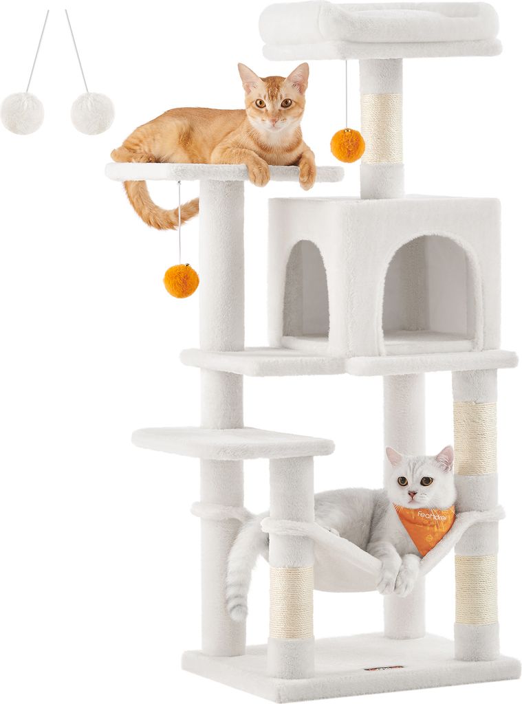 A white cat tree with two cats on it, set against a white background.