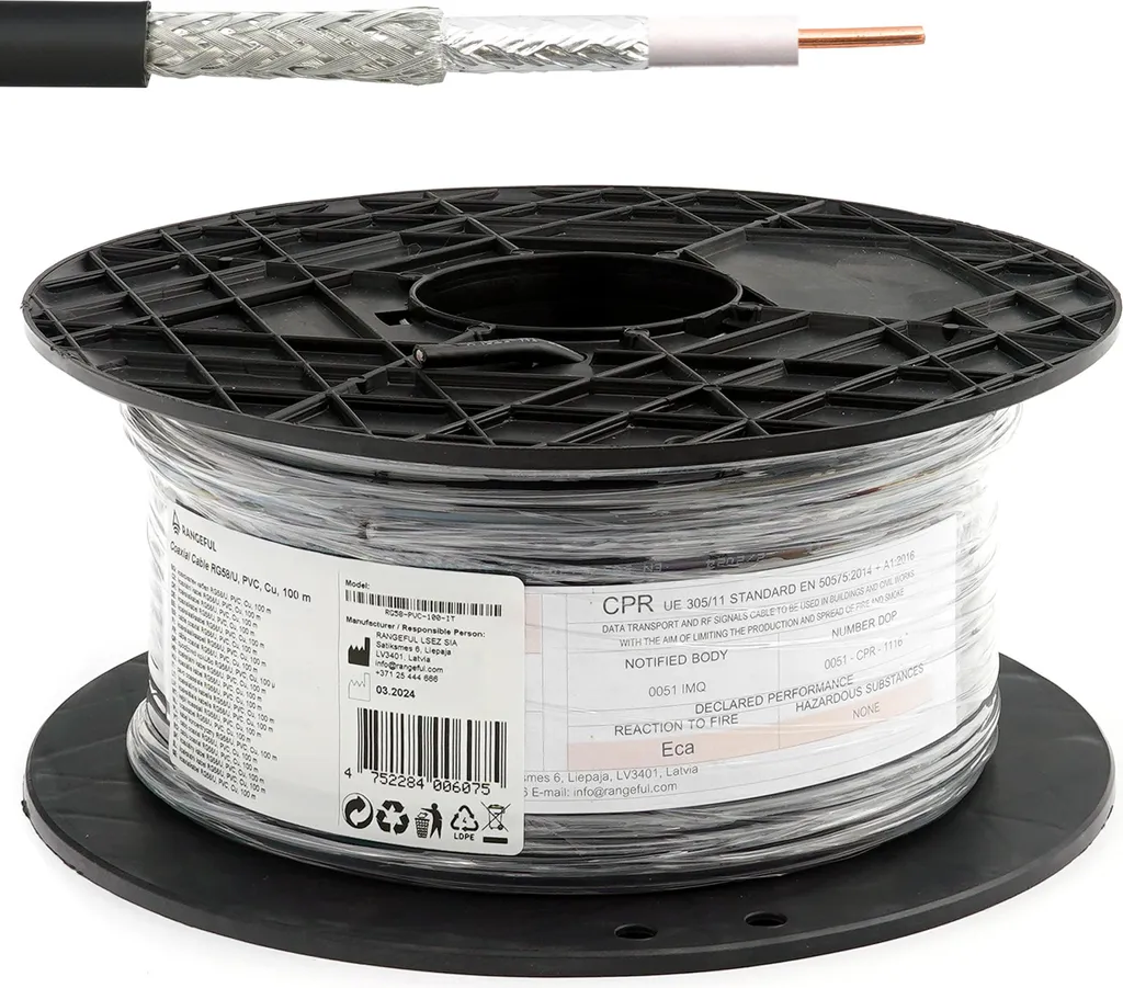 Câble coaxial RG58U 50 Ohm 100m contre les pertes de signal RF
