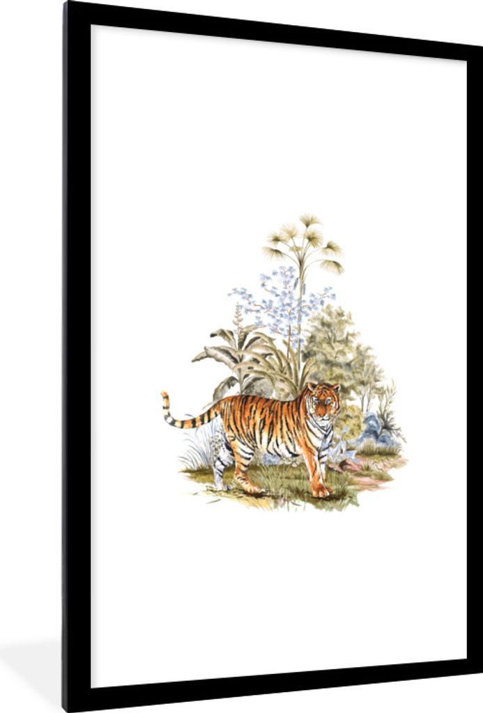 MuchoWow MuchoWow Gerahmtes Poster Tiger - Pflanzen - Gras 60x90 cm - Poster mit zchwarzem Bilderrahmen - Dekoration - Wandposter Wohnzimmer - ...