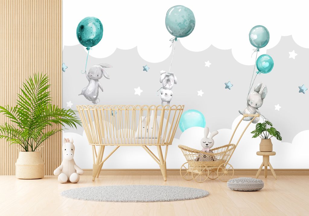 DECO WALLS Fototapete Kinderzimmer Kaninchen mit Luftballons - Außergewöhnliche Haltbarkeit XXL 197x296 cm