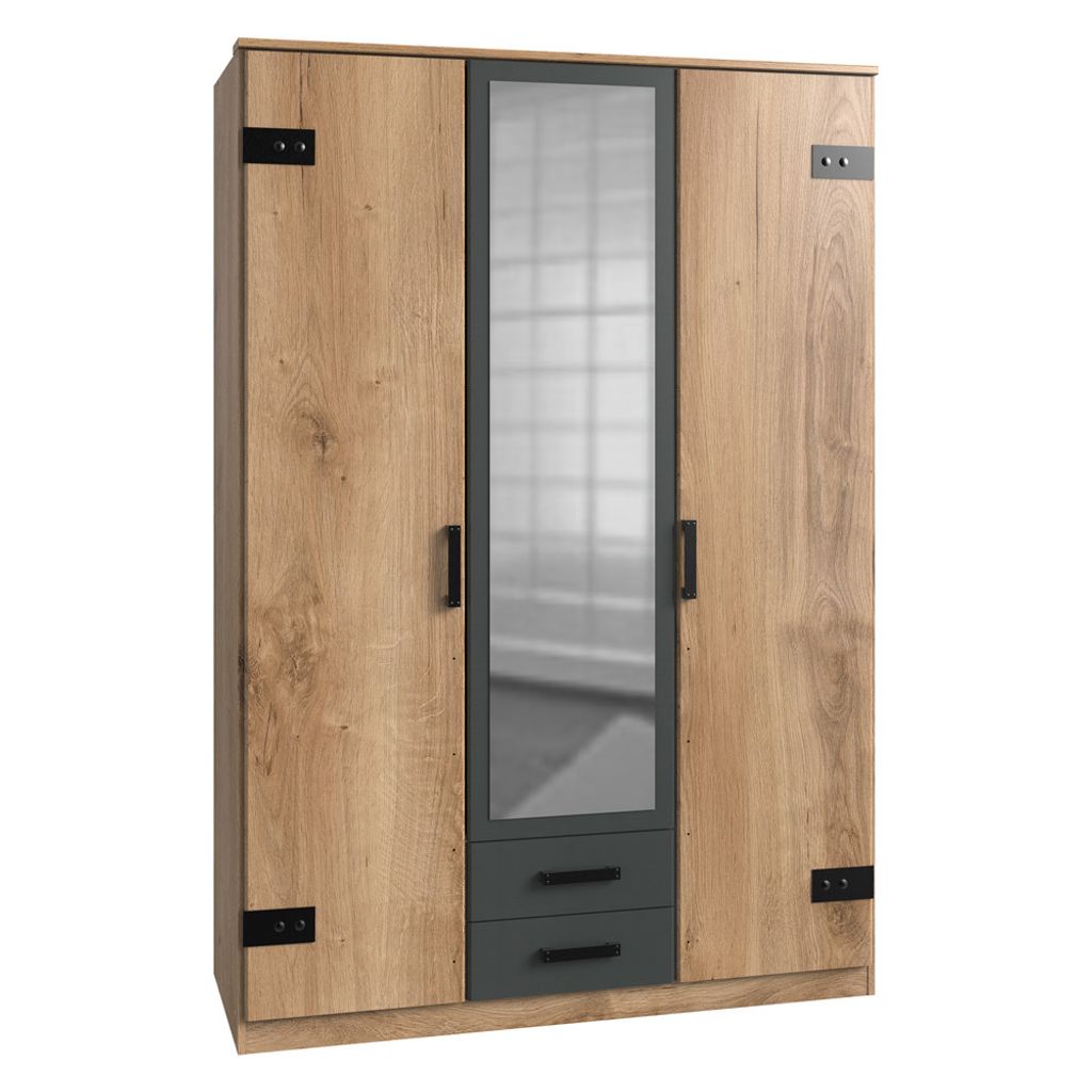 Kleiderschrank mit Spiegeltür EVERTON-43 in Plankeneiche mit Absetzungen in Graphit, B x H x T ca. 135 x 198 x 58cm