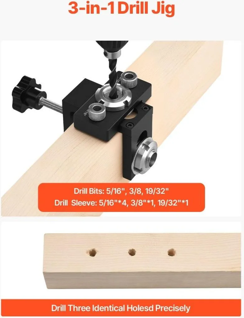 Guide de perçage auto-centré avec jeu de 3 mèches à bois de précision
