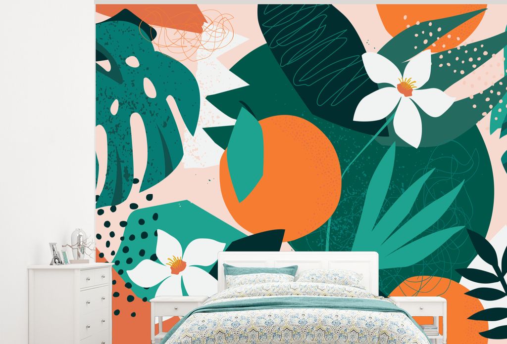 MuchoWow Fototapete für Wohnzimmer oder Schlafzimmer Wandtapete Vinyl Motivtapete Blumen - Obst - Dschungel - 325x260 cm - Tapete
