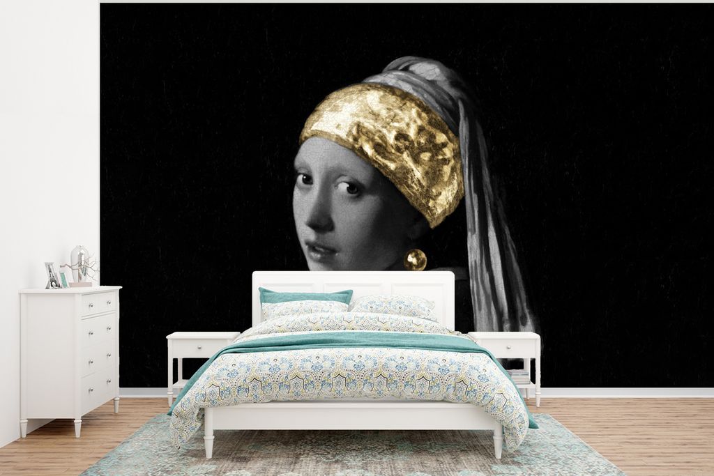MuchoWow Fototapete für Wohnzimmer oder Schlafzimmer Wandtapete Vinyl Motivtapete Mädchen mit Perlenohrring - Vermeer - Stirnband - Gold - 375x...