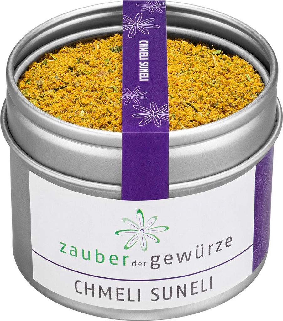 A tin of Chmeli Suneli spice blend.