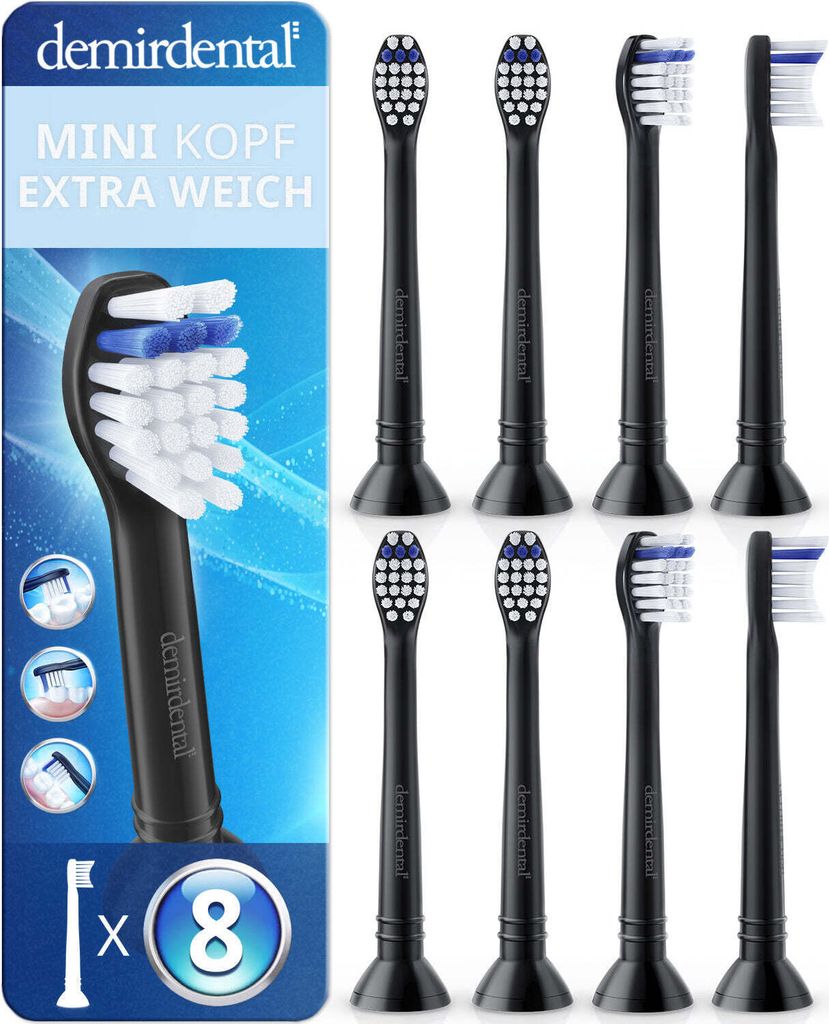 8er demirdental Mini Extra Soft Aufsteckbürsten für Philips Sonicare | Schwarz