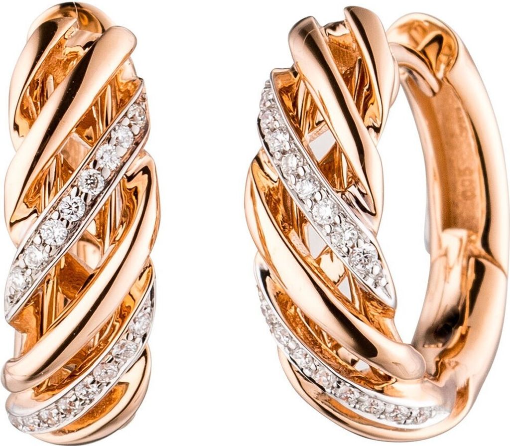 Paar Ohrringe Creolen 15mm rund mit 32 Diamanten Brillanten 585 Gold Rotgold