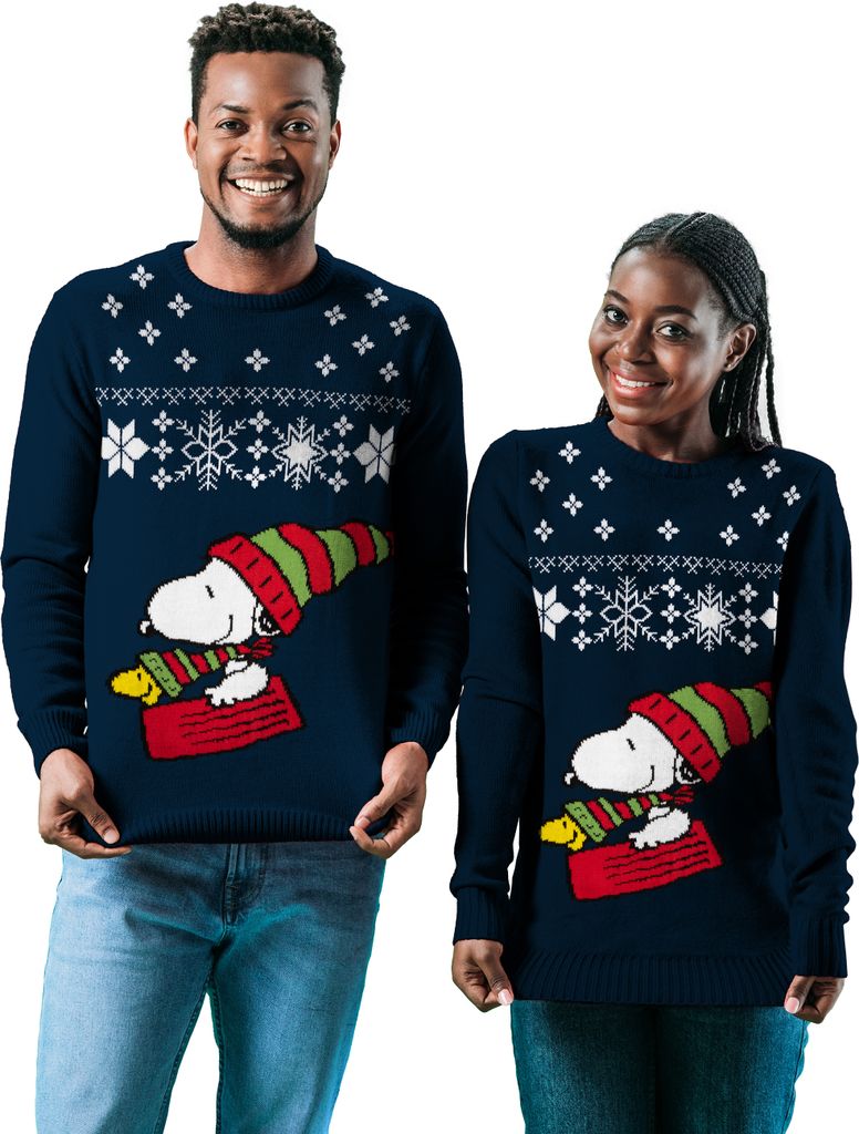 The Peanuts Winterpullover Uni - Snoopy Winter Strick Pullover Sweatshirt Ugly Sweater für Herren & Damen Blau L