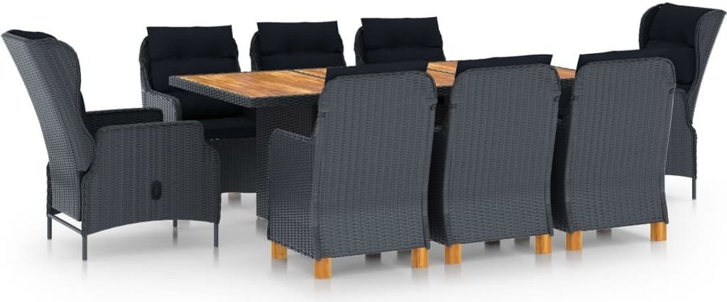 The Living Store 9-tlg. Garten-Essgruppe mit Auflagen Poly Rattan Dunkelgrau