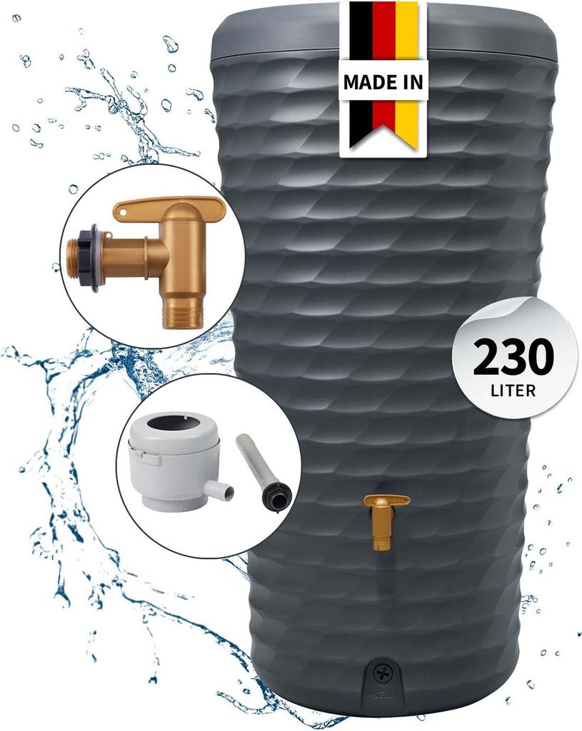 4rain Jolie 2in1 Regentonne Komplett-Set 230 Liter graphite grey inkl. Kunststoff-Auslaufhahn und Fallrohranschluss