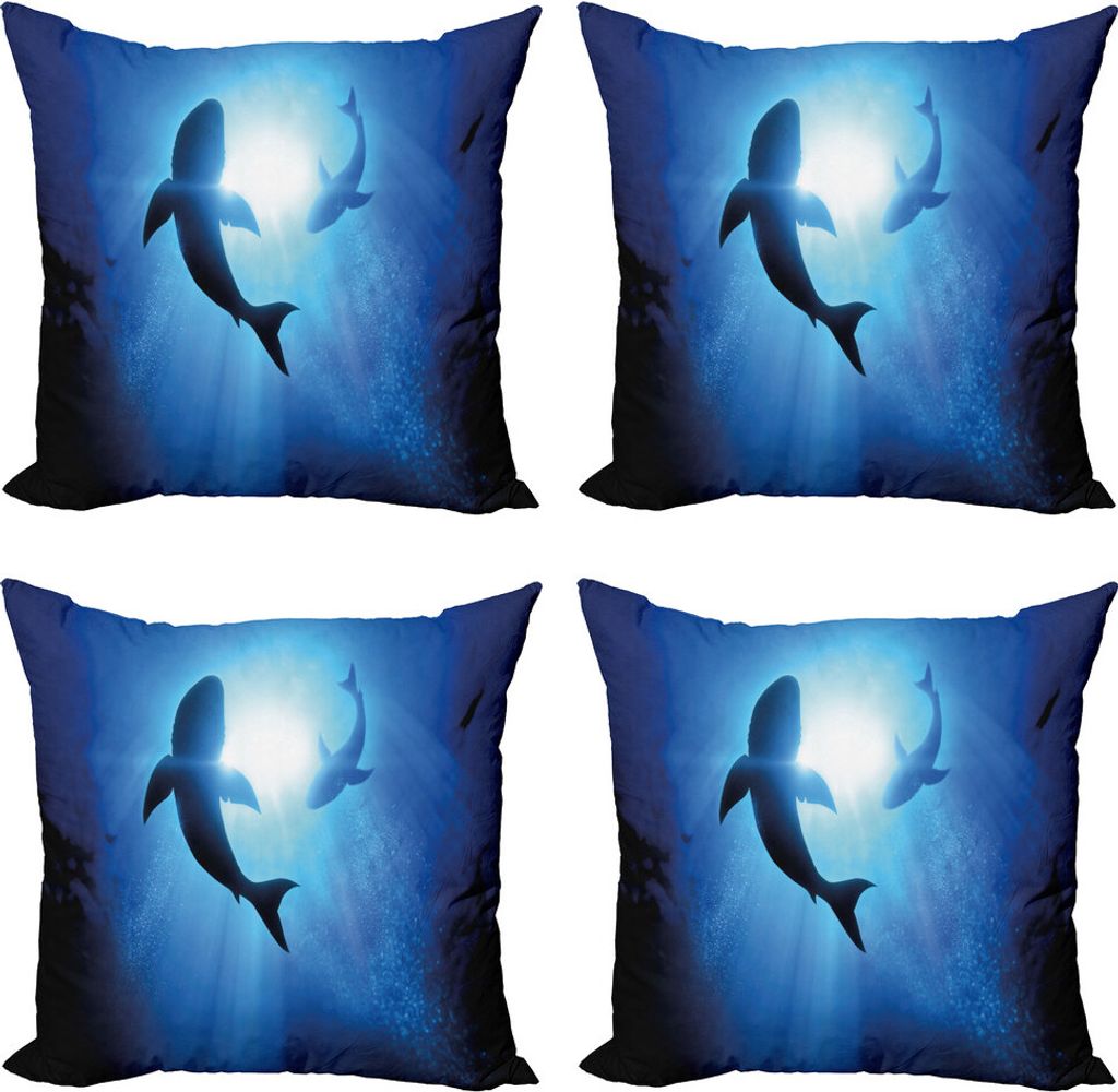 ABAKUHAUS Hai Kissenbezug Set (4 Stück), Fische Umkreisen in Ocean, Moderner Doppelseitiger Digitaldruck, 45 cm x 45 cm, Königsblau