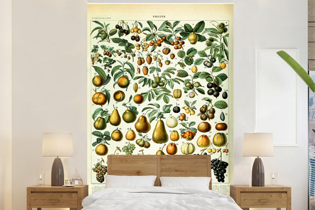 MuchoWow Fototapete für Wohnzimmer oder Schlafzimmer Wandtapete Vinyl Motivtapete Adolphe Millot - Jahrgang - Obst - Birne - Trauben - 195x300 c...