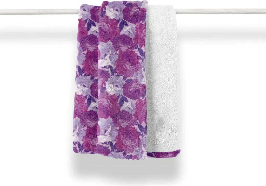 ABAKUHAUS Coperta in morbido pile di flanella con motivo floreale, romantico motivo a rose, confortevole peluche per interni ed esterni, 125 x 175 cm, fucsia, lilla e quarzo