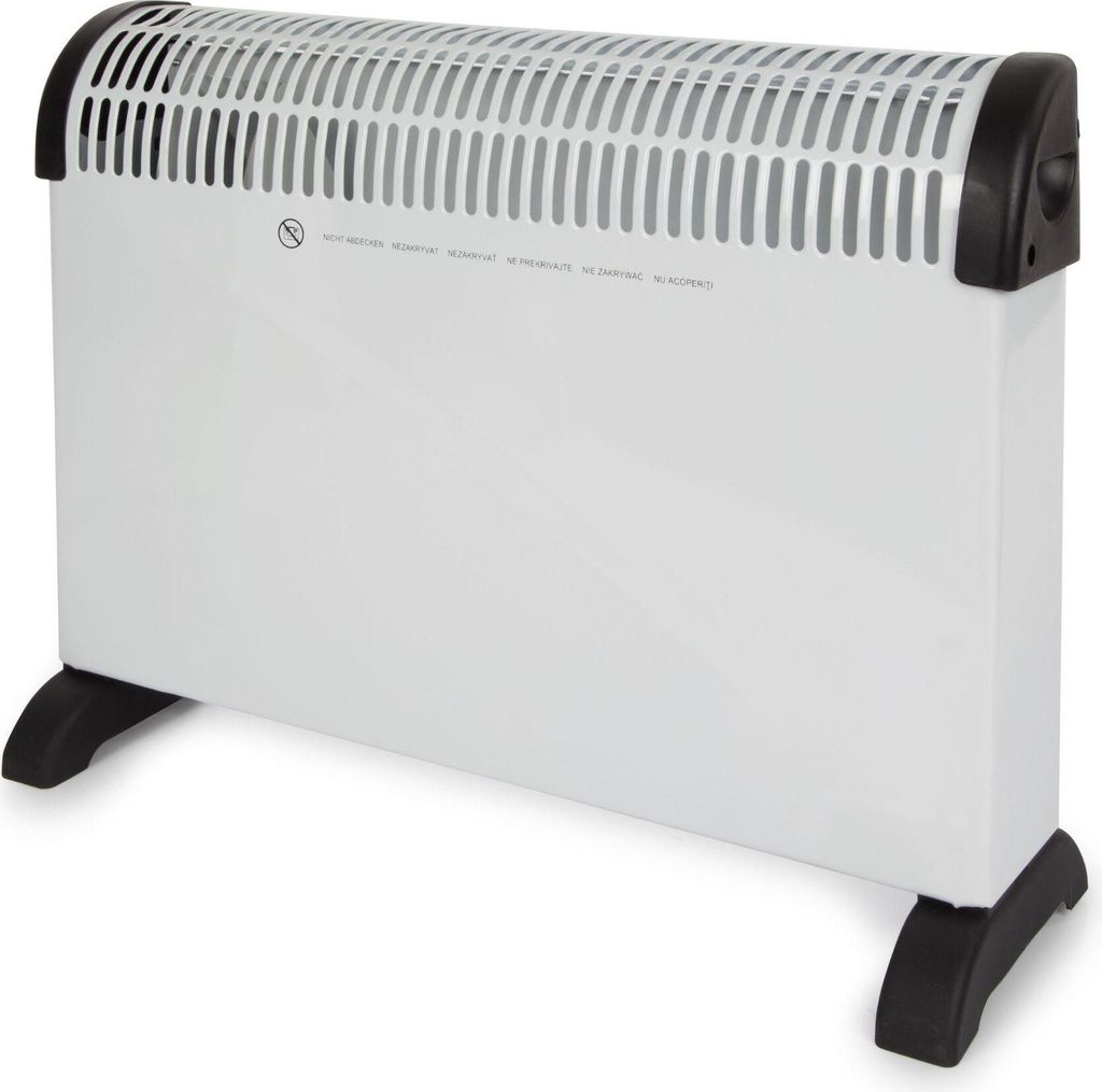 A white electric heater with black feet and accents, shown from a slight angle against a white background.