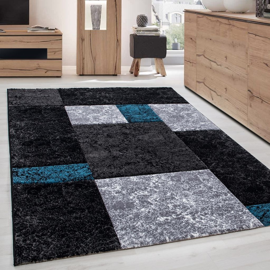 Moderner Design Teppich mit grafischem Muster - Kurzflor für Wohnzimmer, Büro, Schlafzimmer & Jugendzimmer, Größe: 80 x 150 cm, Farbe: Türkis-2