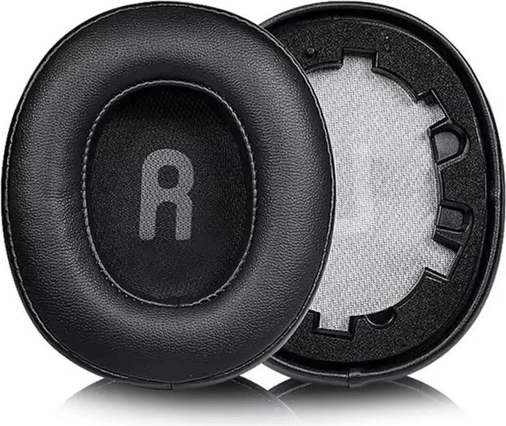 Two black headphone ear pads are shown against a white background. One ear pad is shown from the front, with a gray 'R' logo visible in the center. The other ear pad is shown from the side, revealing its internal foam and fabric lining.
