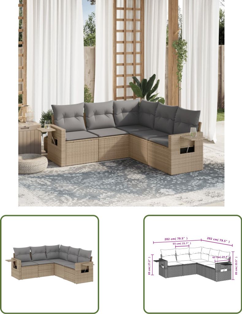 The Living Store 5-tlg. Garten-Sofagarnitur mit Kissen Beige Poly Rattan