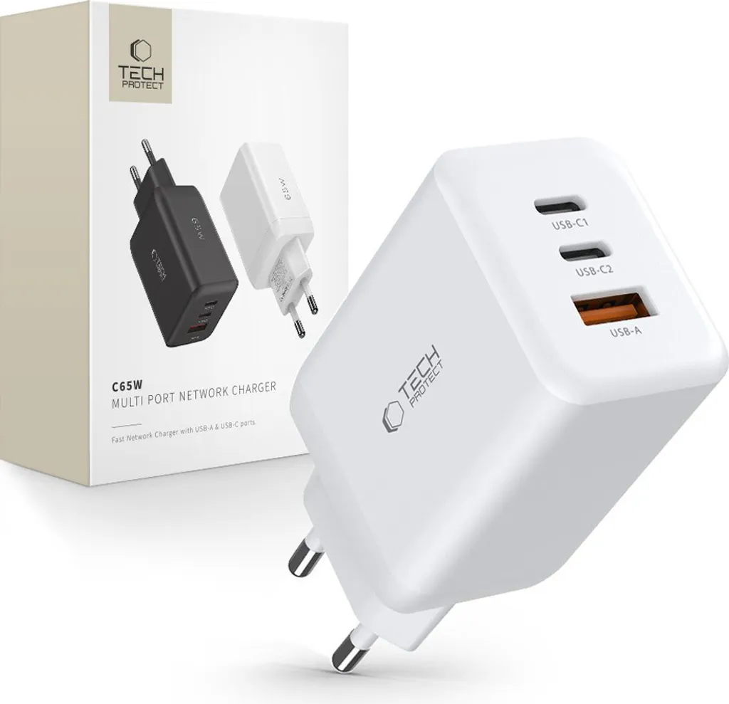 Tech-Protect C65W Caricatore 3 Porte PD65W QC3.0 Bianco | Acquista Ora