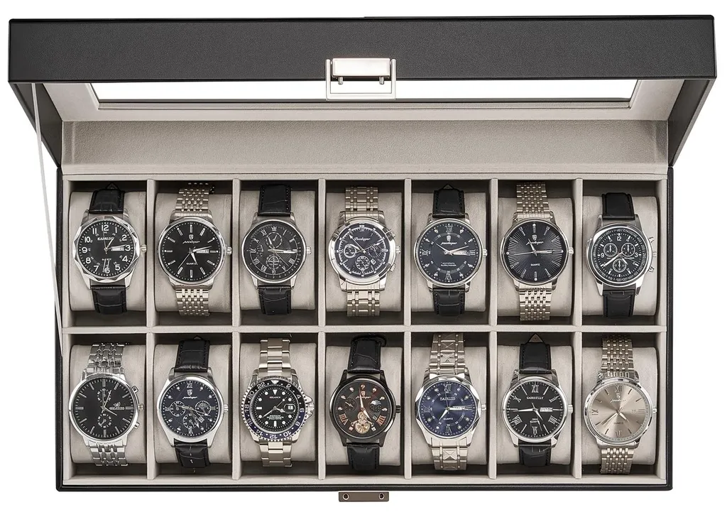 Boîte à montres vitrée 14 coussins, écrin de protection noir élégant