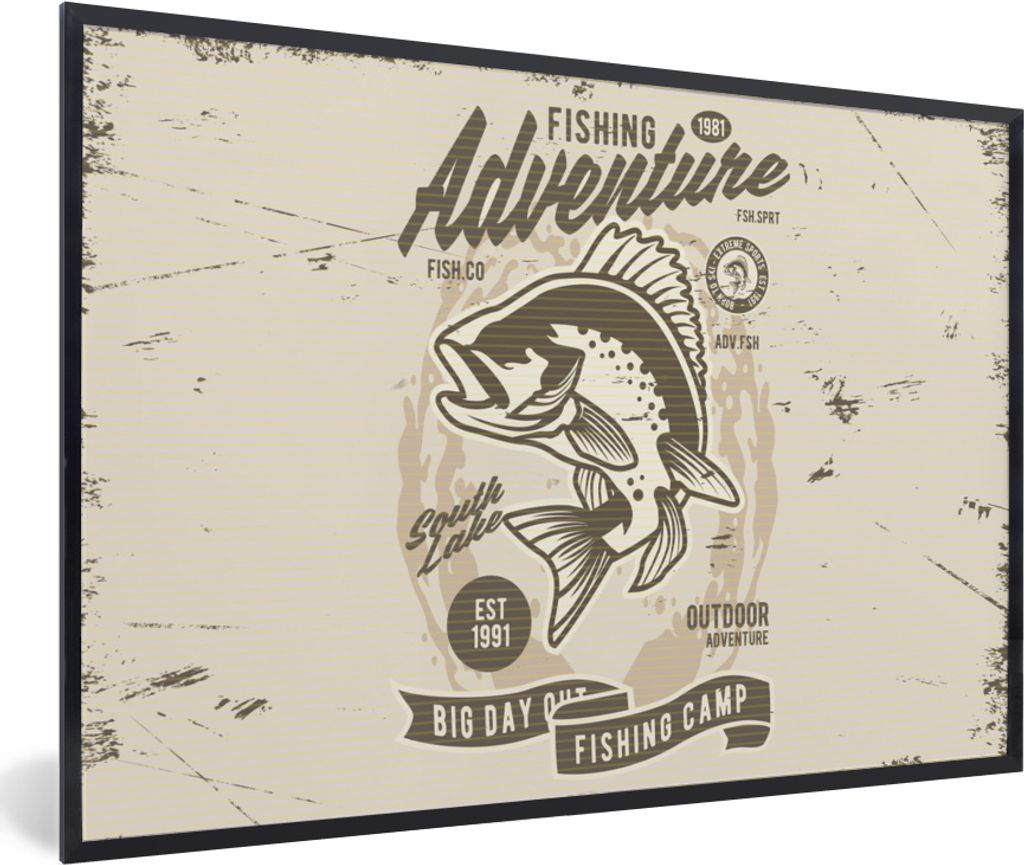 MuchoWow MuchoWow Gerahmtes Poster Fisch - Briefe - Vintage - Zeichnung 60x40 cm - Poster mit zchwarzem Bilderrahmen - Printing - Wanddeko Schl...