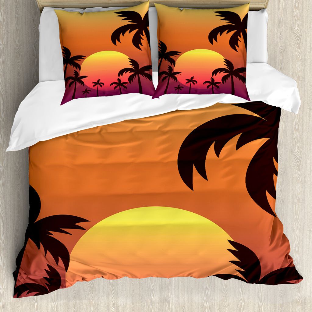 ABAKUHAUS Grafik-Strand Bettbezug Set für Einzelbetten, Sonnenuntergang mit Palmen Kunst, Milbensicher Allergiker geeignet mit Kissenbezug, 200 cm...