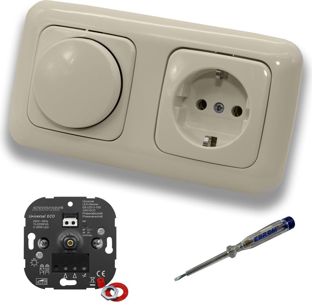EBROM 1003 Universal ECO LED Drehdimmer Dimmer + Busch Jäger Dimmerscheibe 2115-212 und Steckdose 20EUC-212 in DURO2000 cremeweiß glänzend inklu...