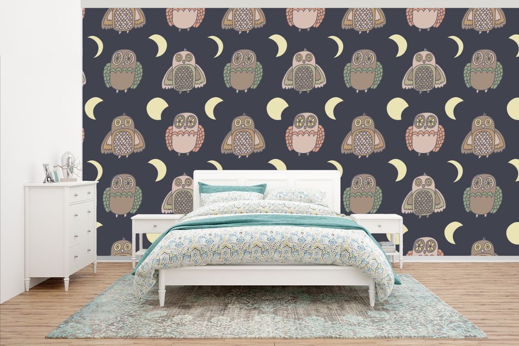 MuchoWow Fototapete für Wohnzimmer oder Schlafzimmer Wandtapete Vinyl Motivtapete Eule - Muster - Mond - 465x260 cm - Hintergrundbild