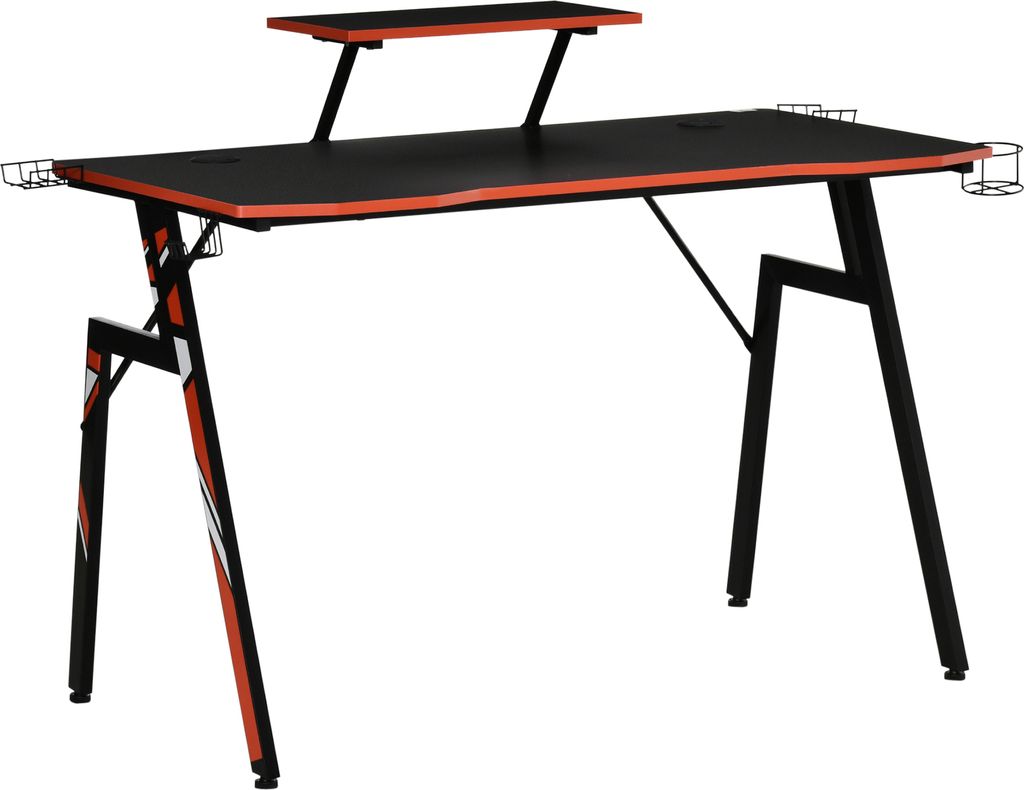 HOMCOM Gaming-Tisch für Computer und PC, ergonomischer Schreibtisch mit Monitorständer und Lautsprecher, Getränkehalter, Kopfhörerhaken, Kohlef...