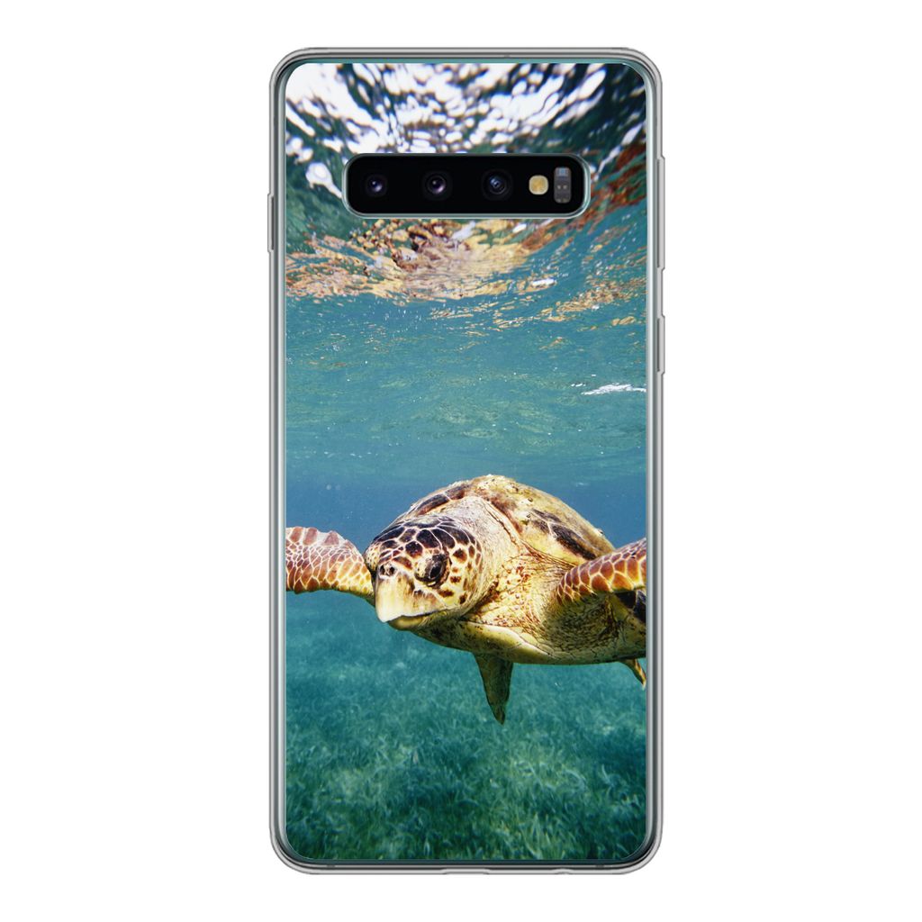 MuchoWow Handyhülle Schutzhülle Hülle für Samsung Galaxy S10 Schildkröte - Wasser - Blau Silikon Softcase Handy Hülle - Handytasche