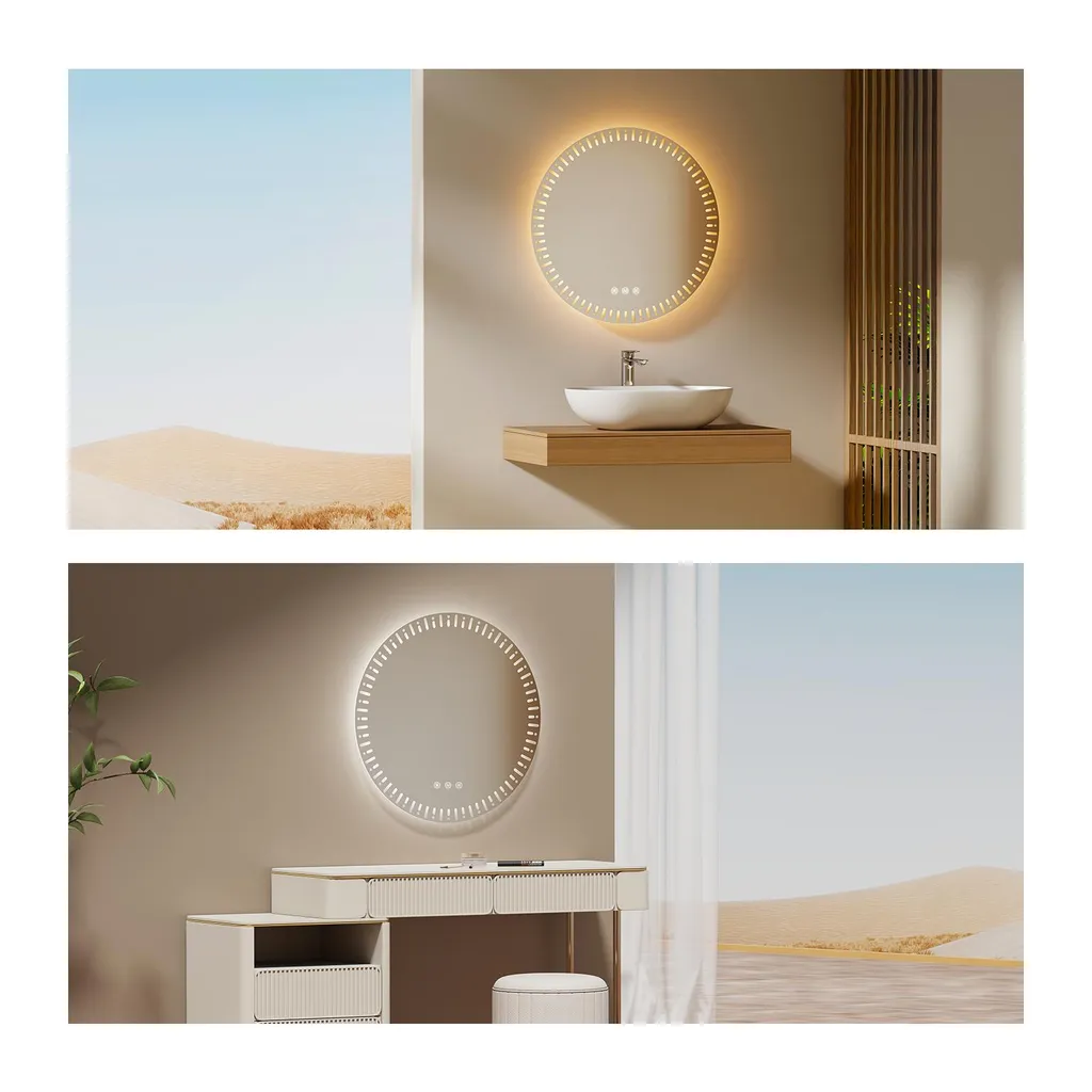 Specchio Rotondo LED Bagno EMKE Diametro 60 Cm, Retroilluminato, Touch, Antiappannamento, Luce Regolabile 3000K-6500K