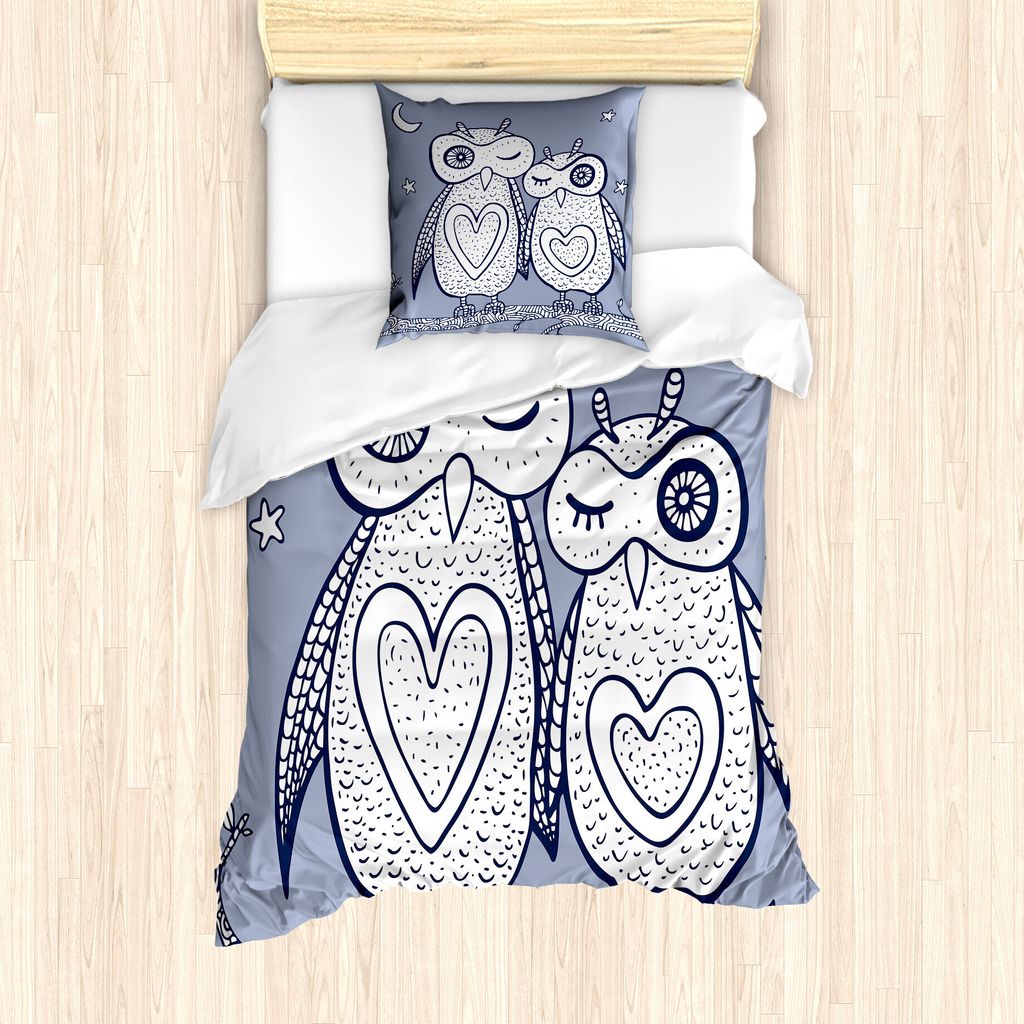ABAKUHAUS Eule Drucken Bettbezug Set für Einzelbetten, Nachtvogel Paar Doodle, Milbensicher Allergiker geeignet mit Kissenbezug, 135 cm x 200 cm -...