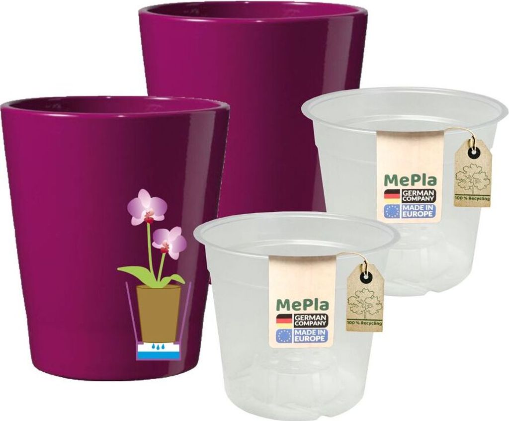 MePla - 2 Stück - Orchideenkübel Merina ø 14 Brombeer + Pflanztopf Orchidee ø 12