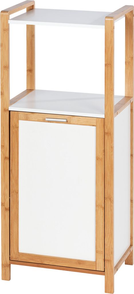 WENKO Regal Mod. Finja mit 2 Ablagen & integriertem Wäschesammler, Badezimmer-Schrank aus Bambus und MDF mit Wäschebox in Grau, Hochregal 40 x 95...