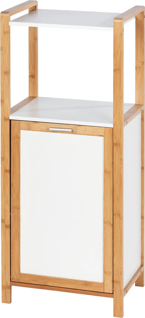 Rangement salle de bain 2 tablettes et sac à linge gris Wenko Finja bambou