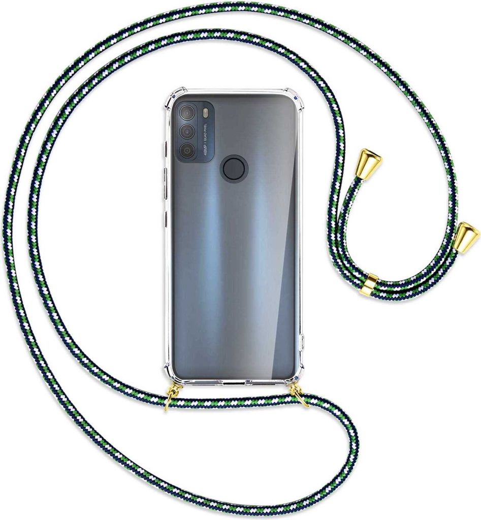 Handykette Backcover-Schutzhülle mit Band (Metall goldfarben) für Motorola Moto G50 (XT2137) - grün/blau/weiß