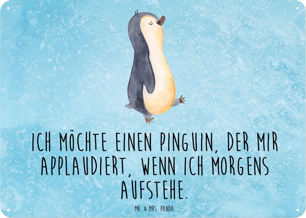 Mr. & Mrs. Panda Blechtafel Pinguin marschieren DIN A6 - Eisblau - Geschenk, Schild, Aufstehen, Türschild, Magnetschild, Spazieren, Wandbild, Fami...