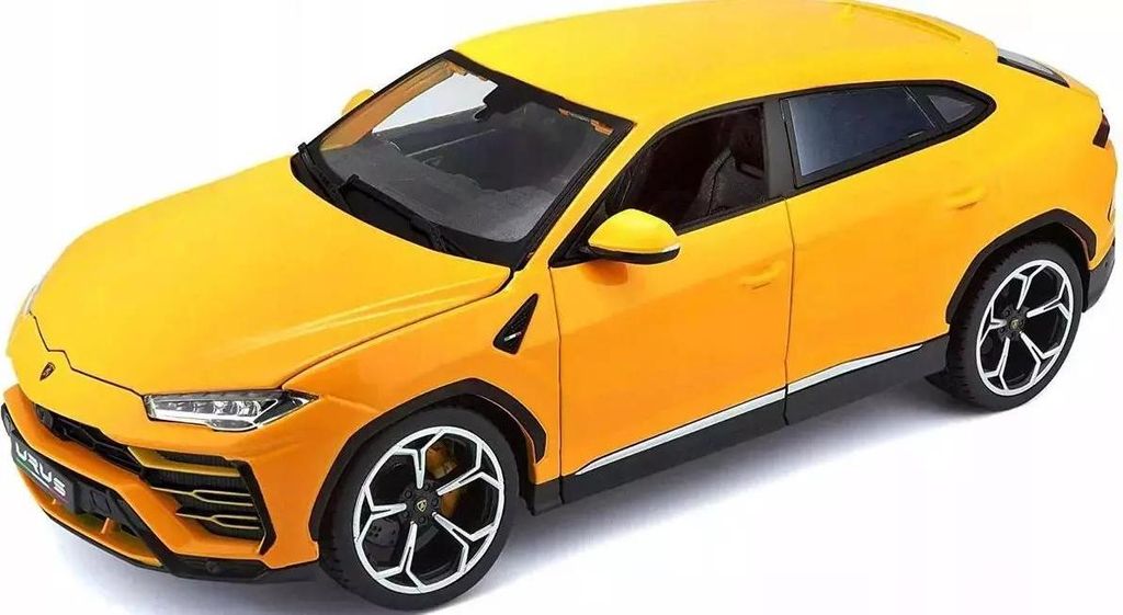 A yellow Lamborghini Urus toy car is shown from a slightly elevated front-side angle against a white background.