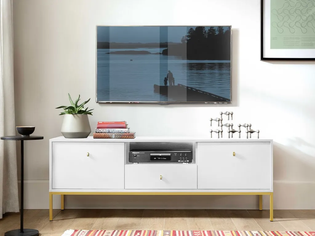 Banc TV blanc et doré style contemporain pour grand écran de salon