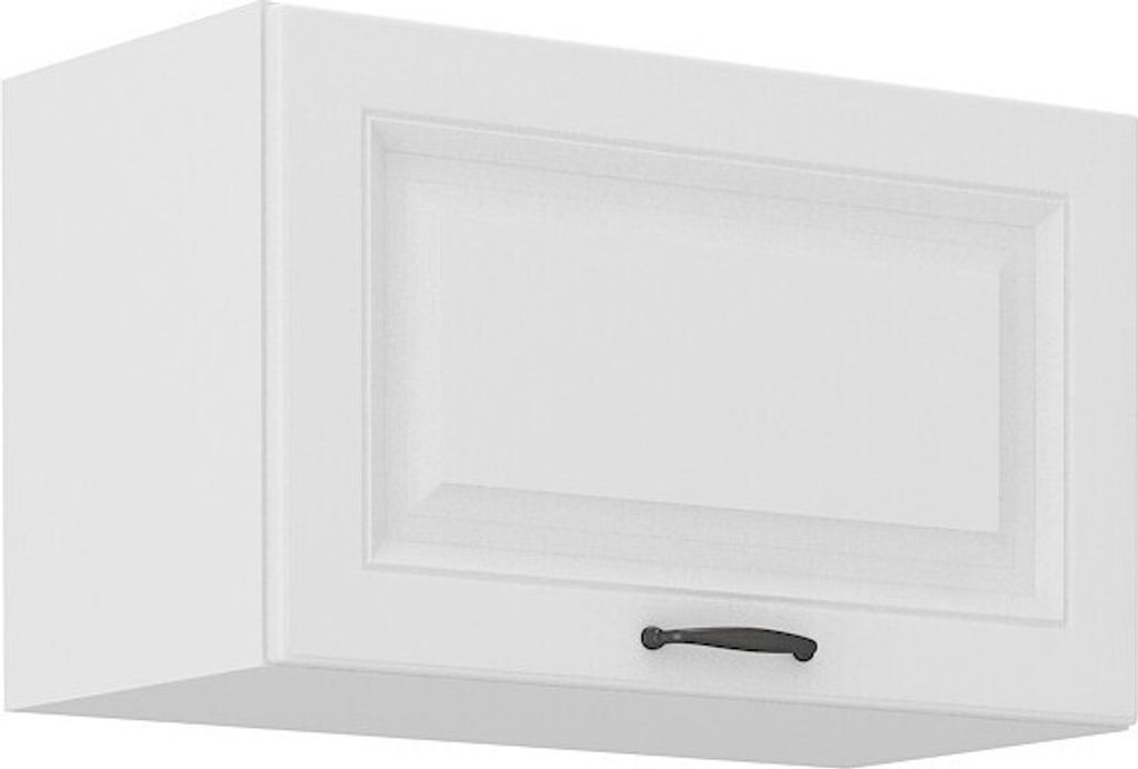 A white kitchen cabinet with a dark handle.
