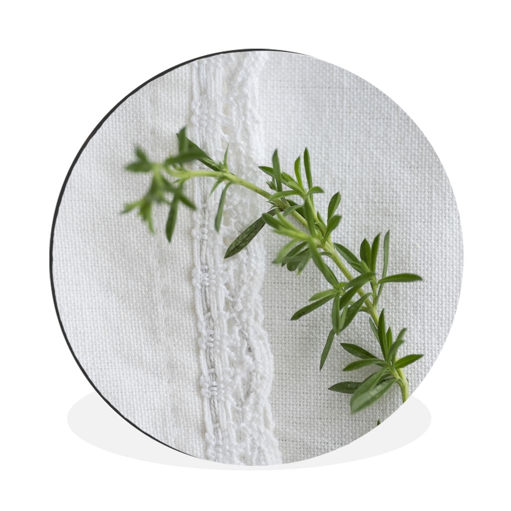 MuchoWow Aluminium Wandkreis Bohnenkrautzweig auf einem weißen Teppich Ø 60 cm Wanddeko Modern Wohnzimmer - Wand Kreis - Wandbild - Schlafzimme...